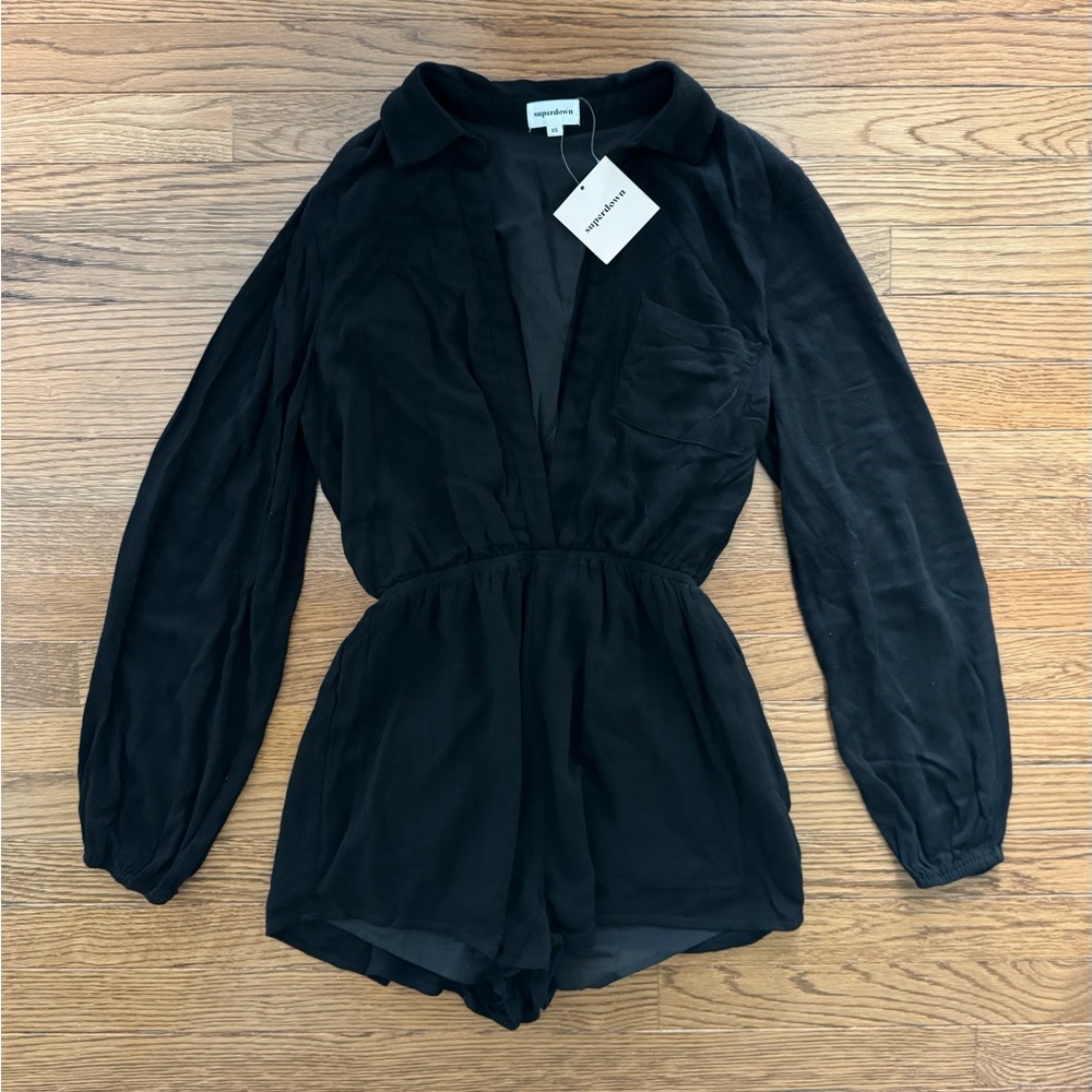 NWT Superdown Black Tracie Collared Romper with Chest Pocket Size XS